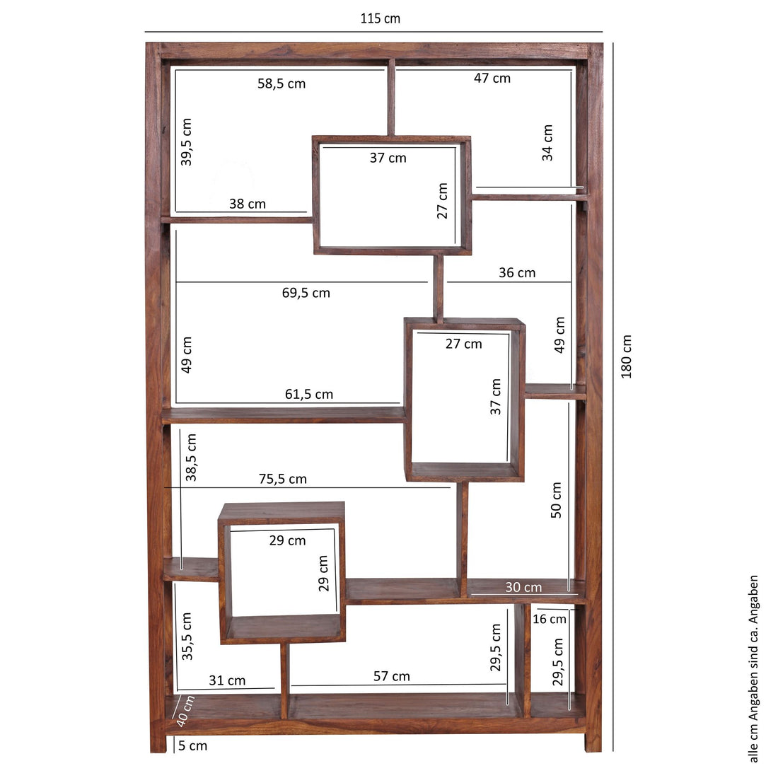 Maßzeichnung Bücherregal – Naturholz, 115x180 cm, Landhausstil, mit Ablagefächern