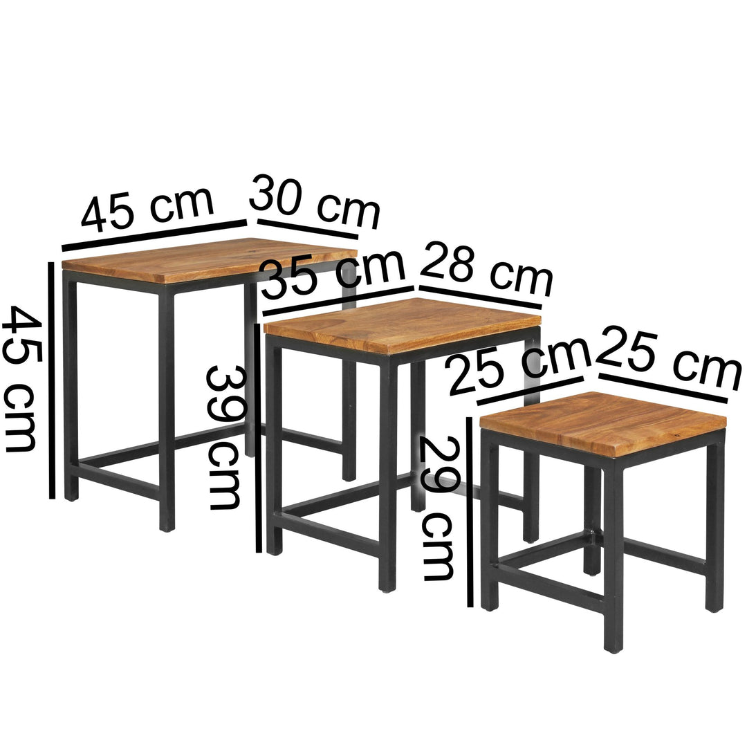 3er Set Beistelltische aus Sheesham-Massivholz und Metallbeinen_ Handgefertigt_ Langlebig - KADIMA DESIGN_Größe_ 45x30x45 cm_