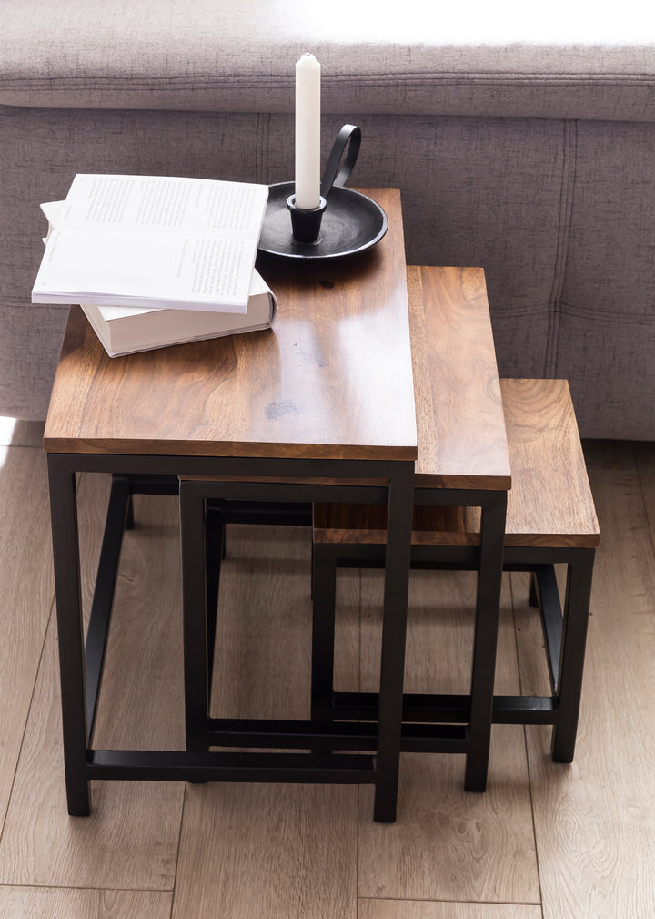3er Set Beistelltische aus Sheesham-Massivholz und Metallbeinen_ Handgefertigt_ Langlebig - KADIMA DESIGN_Größe_ 45x30x45 cm_