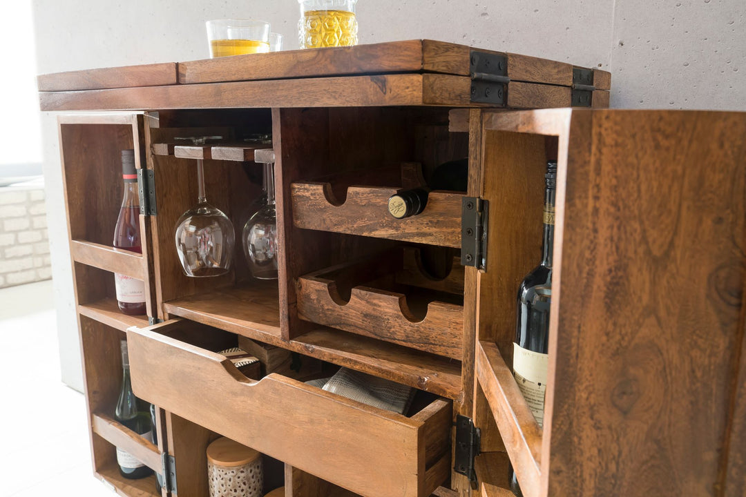 SAAR Massivholz Hausbar 65x91x50 cm_ Ausklappbare Weinbar_ Barschrank mit Türen - KADIMA DESIGN_Farbe_ Braun_ Größe_ 64x50x91 cm_