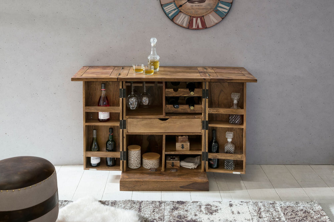 SAAR Massivholz Hausbar 65x91x50 cm_ Ausklappbare Weinbar_ Barschrank mit Türen - KADIMA DESIGN_Farbe_ Braun_ Größe_ 64x50x91 cm_
