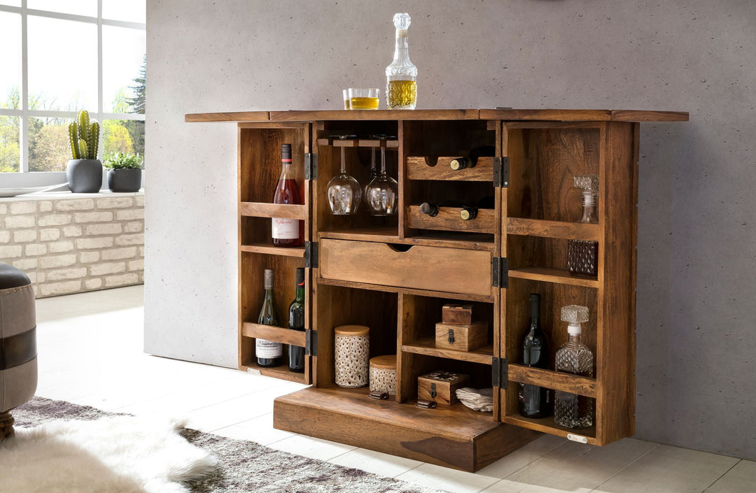 SAAR Massivholz Hausbar 65x91x50 cm_ Ausklappbare Weinbar_ Barschrank mit Türen - KADIMA DESIGN_Farbe_ Braun_ Größe_ 64x50x91 cm_