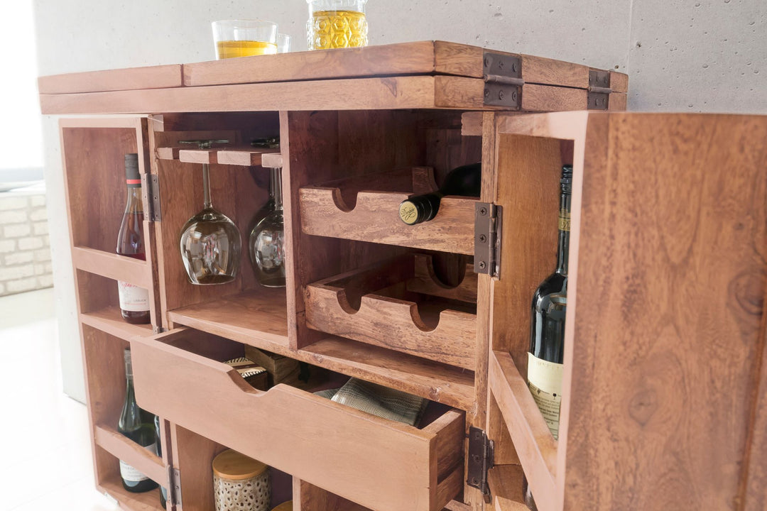 SAAR Massivholz Hausbar 65x91x50 cm_ Ausklappbare Weinbar_ Barschrank mit Türen - KADIMA DESIGN_Farbe_ Beige_ Größe_ 65x50x91 cm_