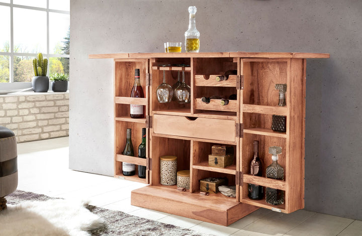 SAAR Massivholz Hausbar 65x91x50 cm_ Ausklappbare Weinbar_ Barschrank mit Türen - KADIMA DESIGN_Farbe_ Beige_ Größe_ 65x50x91 cm_