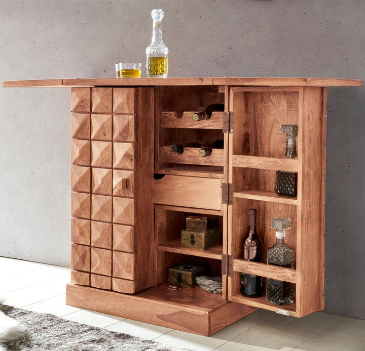 SAAR Massivholz Hausbar 65x91x50 cm_ Ausklappbare Weinbar_ Barschrank mit Türen - KADIMA DESIGN_Farbe_ Beige_ Größe_ 65x50x91 cm_