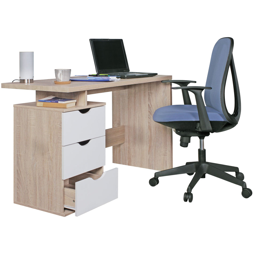 KARIN Schreibtisch in Sonoma Weiß_ Stilvoller Computertisch mit 3 Schubladen_ 120x76x53 cm - KADIMA DESIGN_Größe_ 120x53x76 cm_#sku_BARWL1.795#