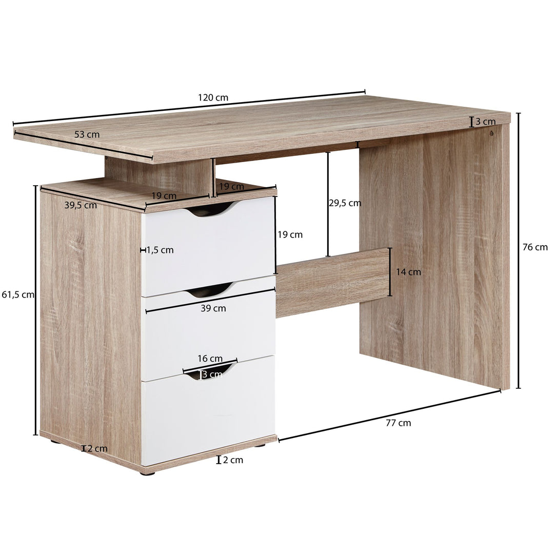 KARIN Schreibtisch in Sonoma Weiß_ Stilvoller Computertisch mit 3 Schubladen_ 120x76x53 cm - KADIMA DESIGN_Beige_#sku_BARWL1.795#