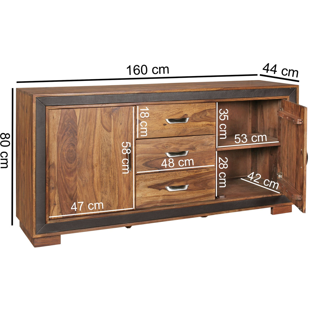 Rustikales Sideboard_ Sheesham Massivholz_ Kunstleder_ 160x44x80 cm - KADIMA DESIGN_Größe_ 160x44x80 cm_