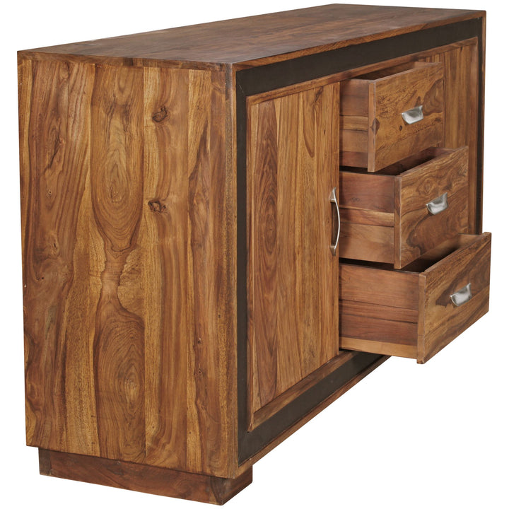 Rustikales Sideboard_ Sheesham Massivholz_ Kunstleder_ 160x44x80 cm - KADIMA DESIGN_Größe_ 160x44x80 cm_