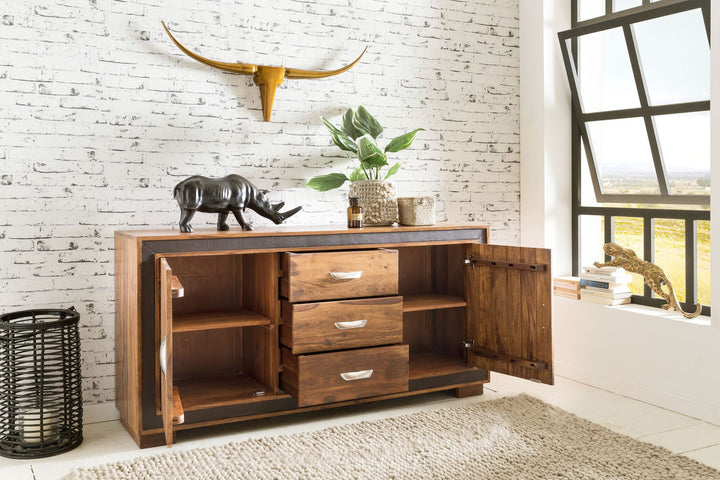 Rustikales Sideboard_ Sheesham Massivholz_ Kunstleder_ 160x44x80 cm - KADIMA DESIGN_Größe_ 160x44x80 cm_