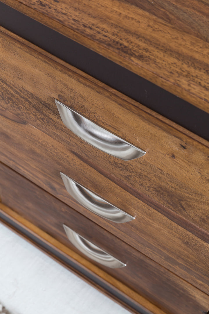 Rustikales Sideboard_ Sheesham Massivholz_ Kunstleder_ 160x44x80 cm - KADIMA DESIGN_Größe_ 160x44x80 cm_