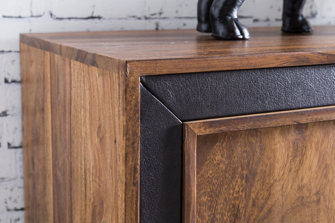 Rustikales Sideboard_ Sheesham Massivholz_ Kunstleder_ 160x44x80 cm - KADIMA DESIGN_Größe_ 160x44x80 cm_