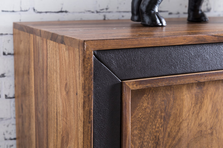 Rustikales Sideboard_ Sheesham Massivholz_ Kunstleder_ 160x44x80 cm - KADIMA DESIGN_Größe_ 160x44x80 cm_