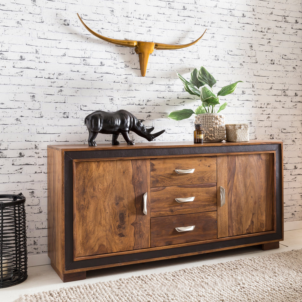 Rustikales Sideboard_ Sheesham Massivholz_ Kunstleder_ 160x44x80 cm - KADIMA DESIGN_Größe_ 160x44x80 cm_