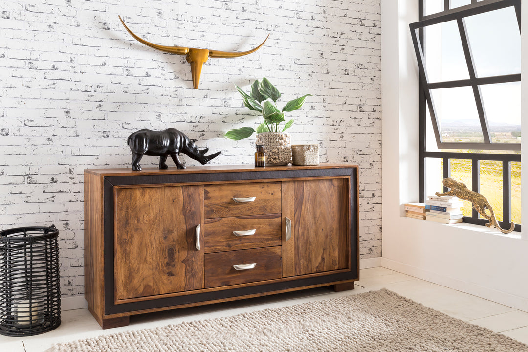 Rustikales Sideboard_ Sheesham Massivholz_ Kunstleder_ 160x44x80 cm - KADIMA DESIGN_Größe_ 160x44x80 cm_