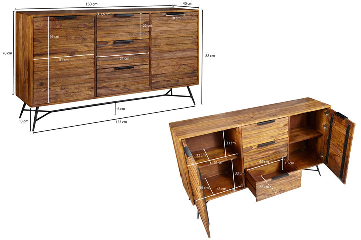 Sideboard FORMIO_ Sheesham Massivholz_ 160x40x88 cm_ Industrial-Look - KADIMA DESIGN_Größe_ 160x40x88 cm_