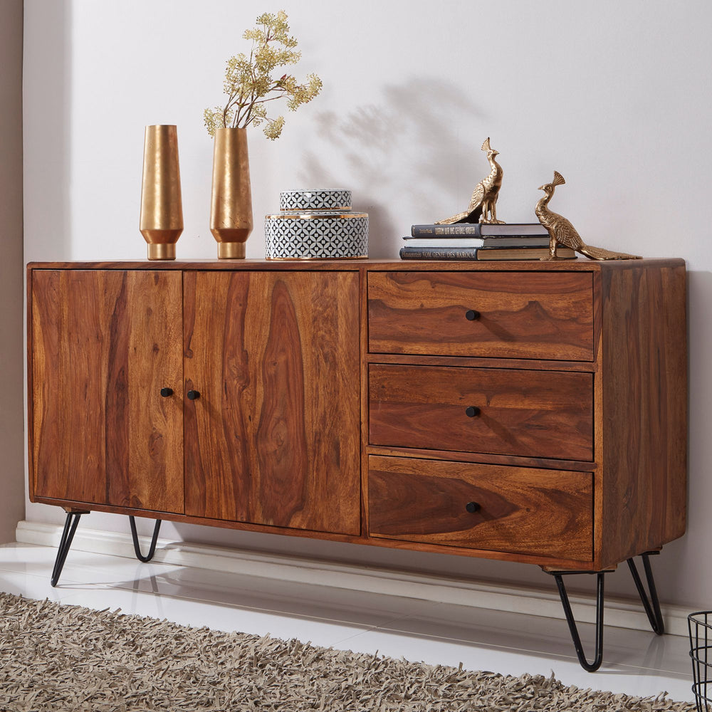 Sheesham Sideboard_ 145x75x40 cm_ Landhausstil_ 3 Schubladen &amp; 2 Türen_ Haarnadelbeine - KADIMA DESIGN_Größe_ 145x40x75 cm_