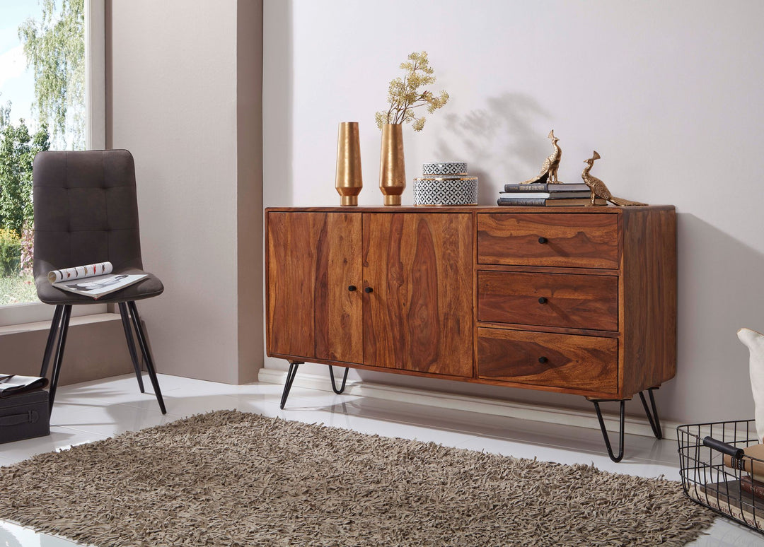 Sheesham Sideboard_ 145x75x40 cm_ Landhausstil_ 3 Schubladen &amp; 2 Türen_ Haarnadelbeine - KADIMA DESIGN_Größe_ 145x40x75 cm_