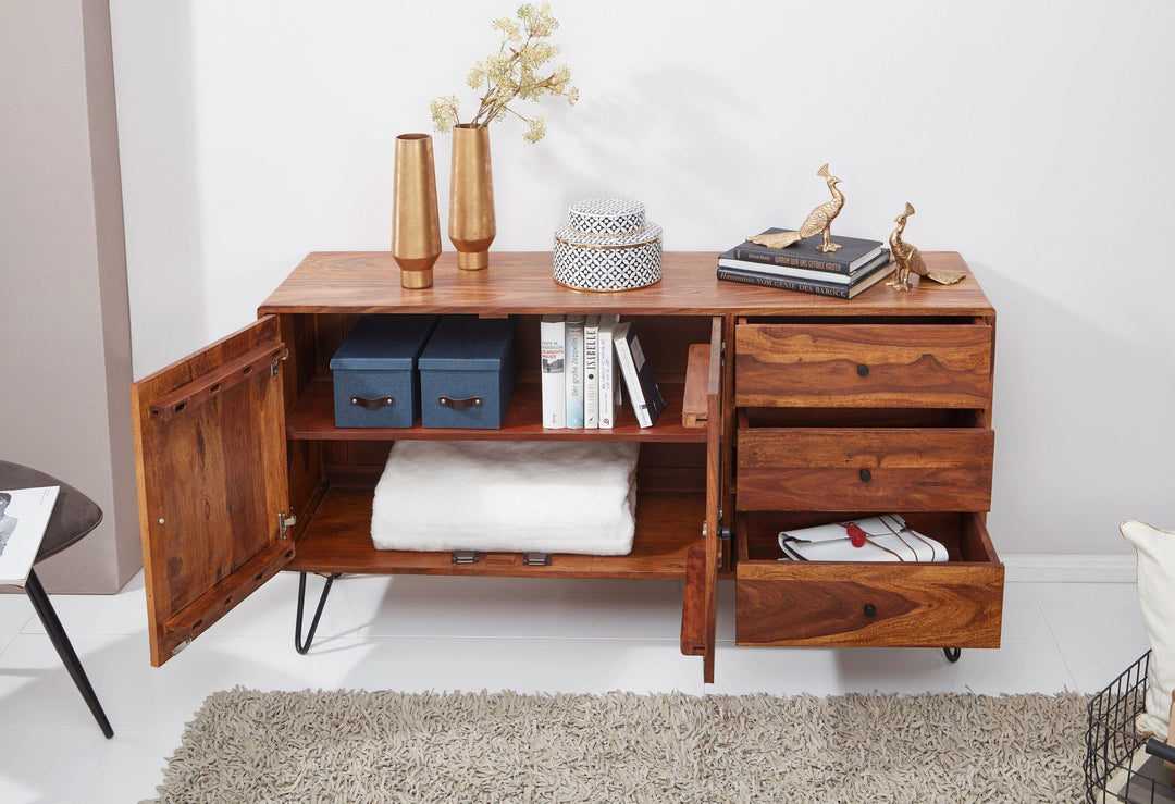 Sheesham Sideboard_ 145x75x40 cm_ Landhausstil_ 3 Schubladen &amp; 2 Türen_ Haarnadelbeine - KADIMA DESIGN_Größe_ 145x40x75 cm_