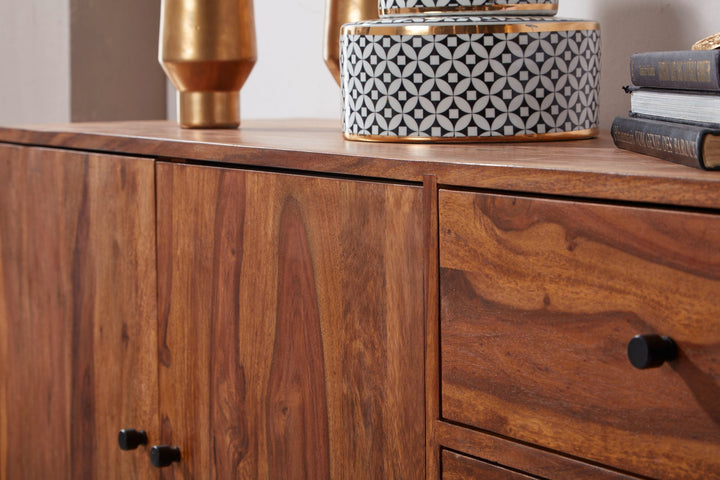 Sheesham Sideboard_ 145x75x40 cm_ Landhausstil_ 3 Schubladen &amp;amp; 2 Türen_ Haarnadelbeine - KADIMA DESIGN_Größe_ 145x40x75 cm_