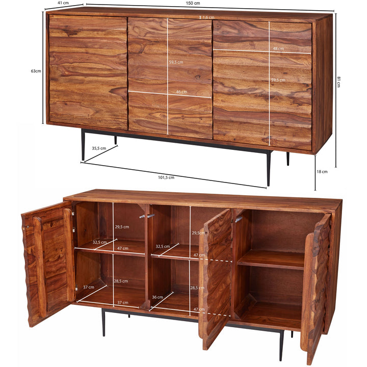 Charmantes Sheesham Sideboard_ 150 cm Breit_ 3 Türen_ Ideal für moderne Wohnräume - KADIMA DESIGN_Größe_ 150x41x81 cm_
