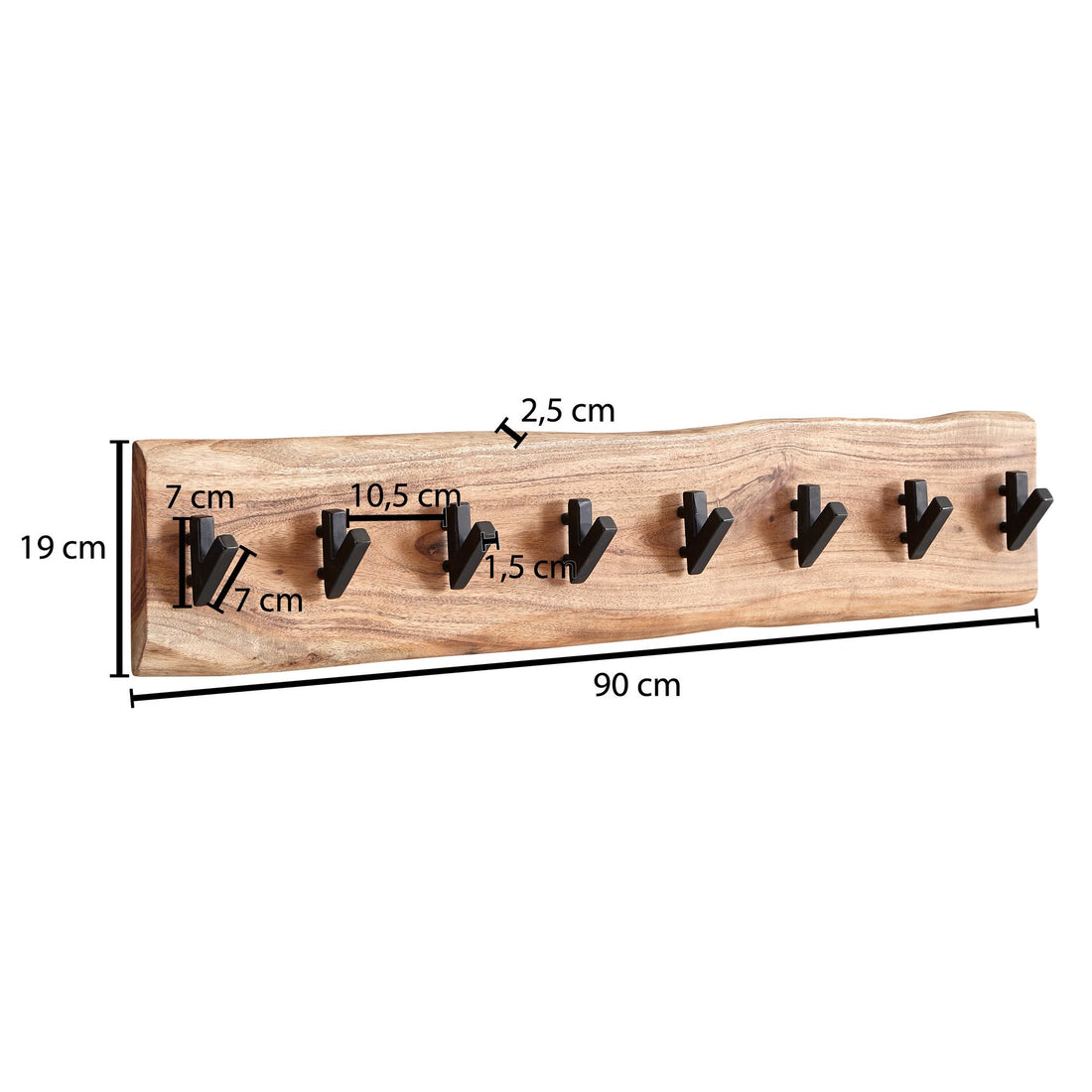 Maßzeichnung Wandgarderobe Massivholz Metall Modern mit Baumkante und 8 Haken
