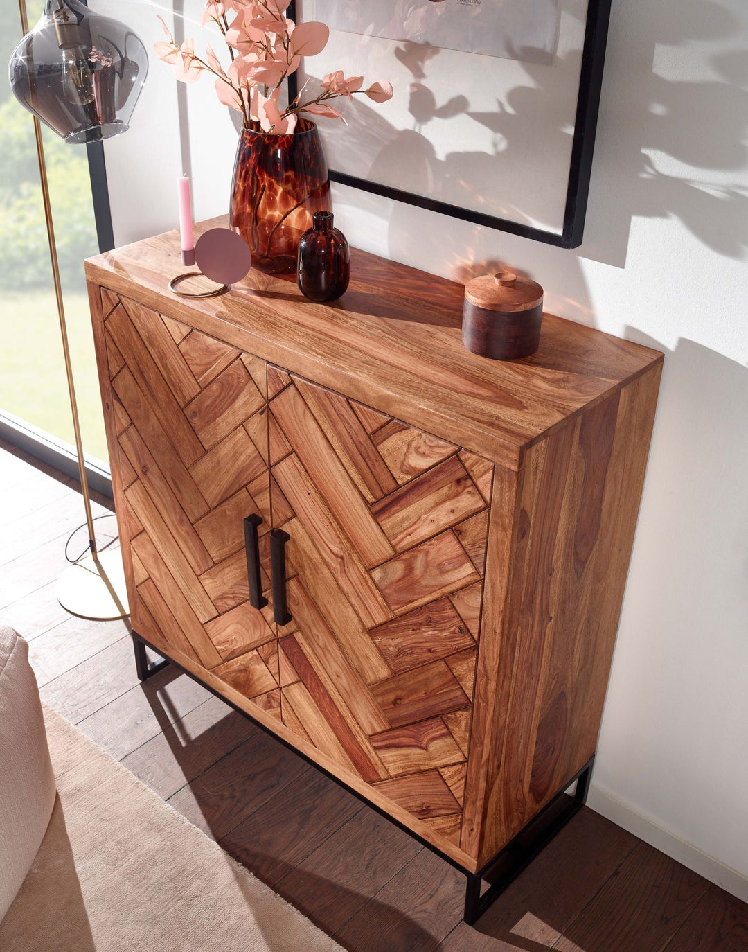 Schuhschrank Sheesham_ 100x105x40 cm_ Fischgrätmuster_ große Ablage - KADIMA DESIGN_Größe_ 100x40x105 cm_
