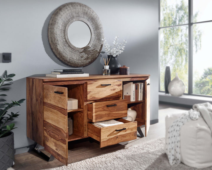 Stilvolles Sheesham Sideboard mit Baumkanten-Design_ 145x82x45 cm_ Metallgestell - KADIMA DESIGN_Größe_ 145x45x82 cm_