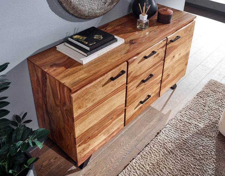Stilvolles Sheesham Sideboard mit Baumkanten-Design_ 145x82x45 cm_ Metallgestell - KADIMA DESIGN_Größe_ 145x45x82 cm_