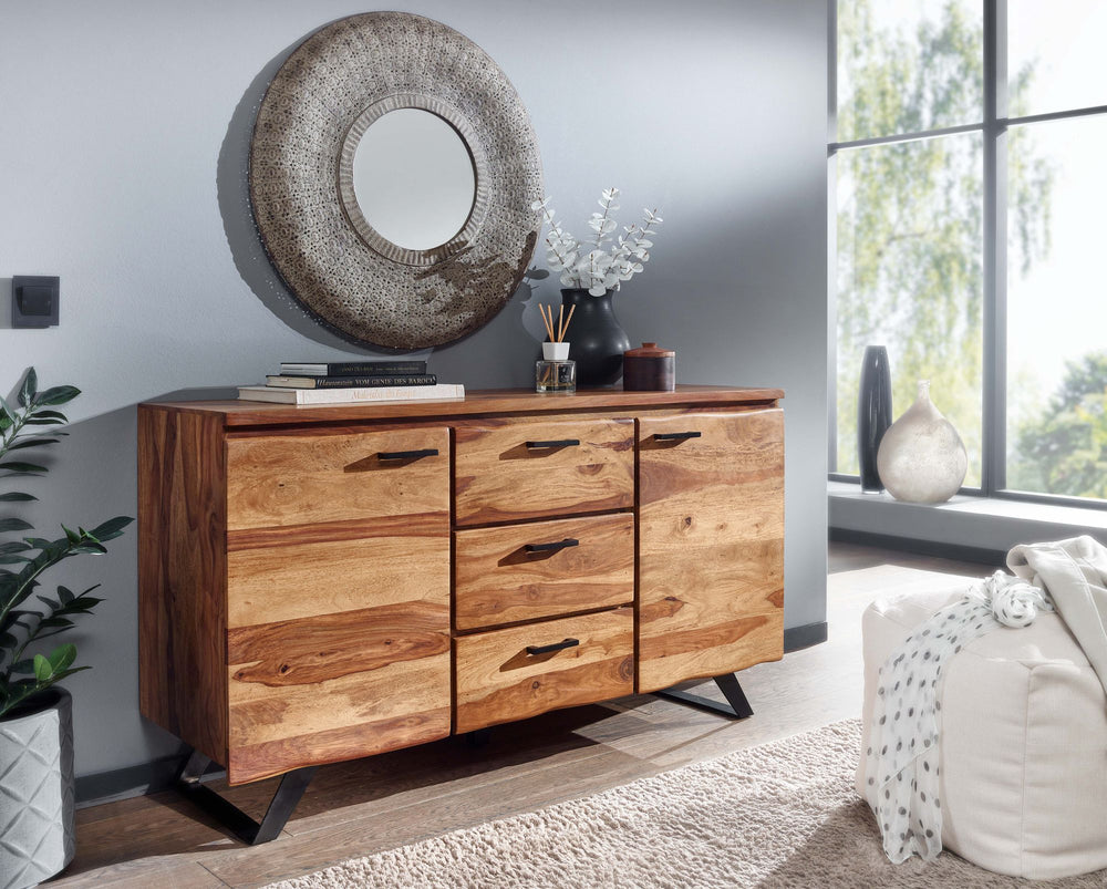 Stilvolles Sheesham Sideboard mit Baumkanten-Design_ 145x82x45 cm_ Metallgestell - KADIMA DESIGN_Größe_ 145x45x82 cm_