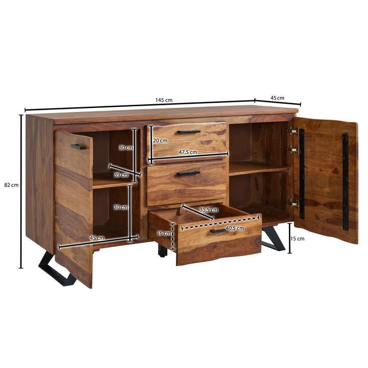 Stilvolles Sheesham Sideboard mit Baumkanten-Design_ 145x82x45 cm_ Metallgestell - KADIMA DESIGN_Größe_ 145x45x82 cm_