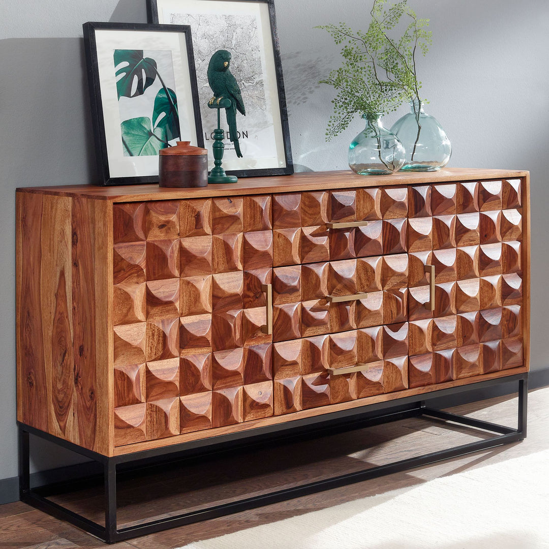Sheesham Holz Sideboard, 145x81x45 cm, Industrial Design, Metallgestell - KADIMA DESIGN