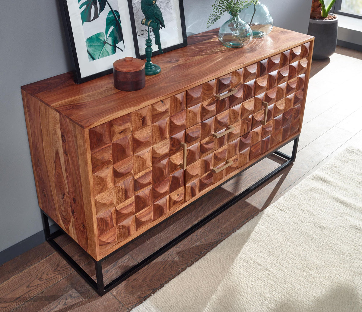 Sheesham Holz Sideboard  145x81x45 cm  Industrial Design  Metallgestell - KADIMA DESIGN Größe  145x45x81 cm