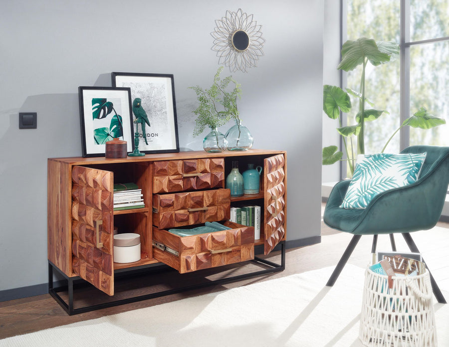 Sheesham Holz Sideboard_ 145x81x45 cm_ Industrial Design_ Metallgestell - KADIMA DESIGN_Größe_ 145x45x81 cm_