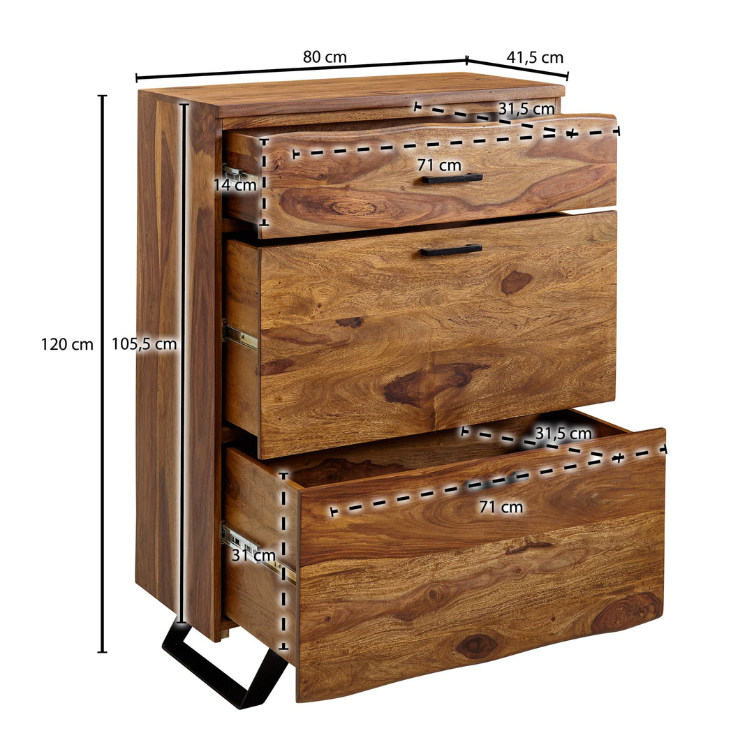 Kommode Sheesham_ 80x120x41_5 cm_ Highboard_ Metallgestell_ 3 Schubladen - KADIMA DESIGN_Größe_ 80x42x120 cm_