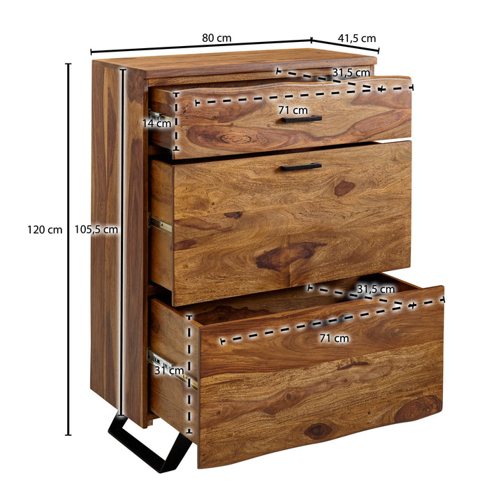 Kommode Sheesham_ 80x120x41_5 cm_ Highboard_ Metallgestell_ 3 Schubladen - KADIMA DESIGN_Größe_ 80x42x120 cm_