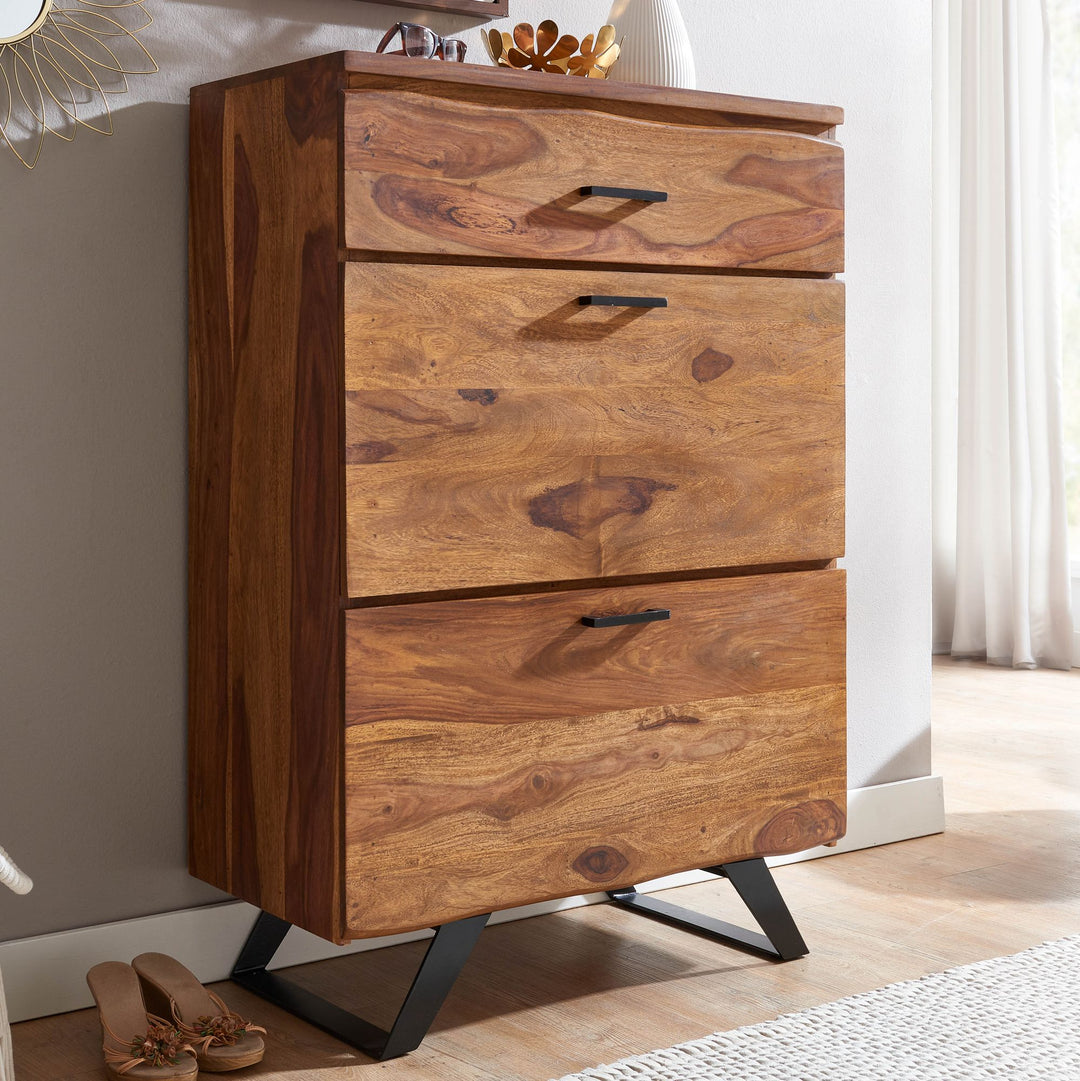 Kommode Sheesham_ 80x120x41_5 cm_ Highboard_ Metallgestell_ 3 Schubladen - KADIMA DESIGN_Größe_ 80x42x120 cm_