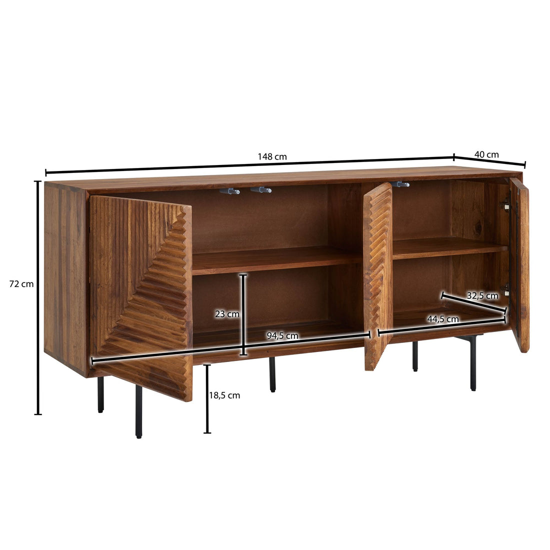 Maßzeichnung Sideboard – Massivholz/Metall, 148x72x40 cm, modern, 3 Türen