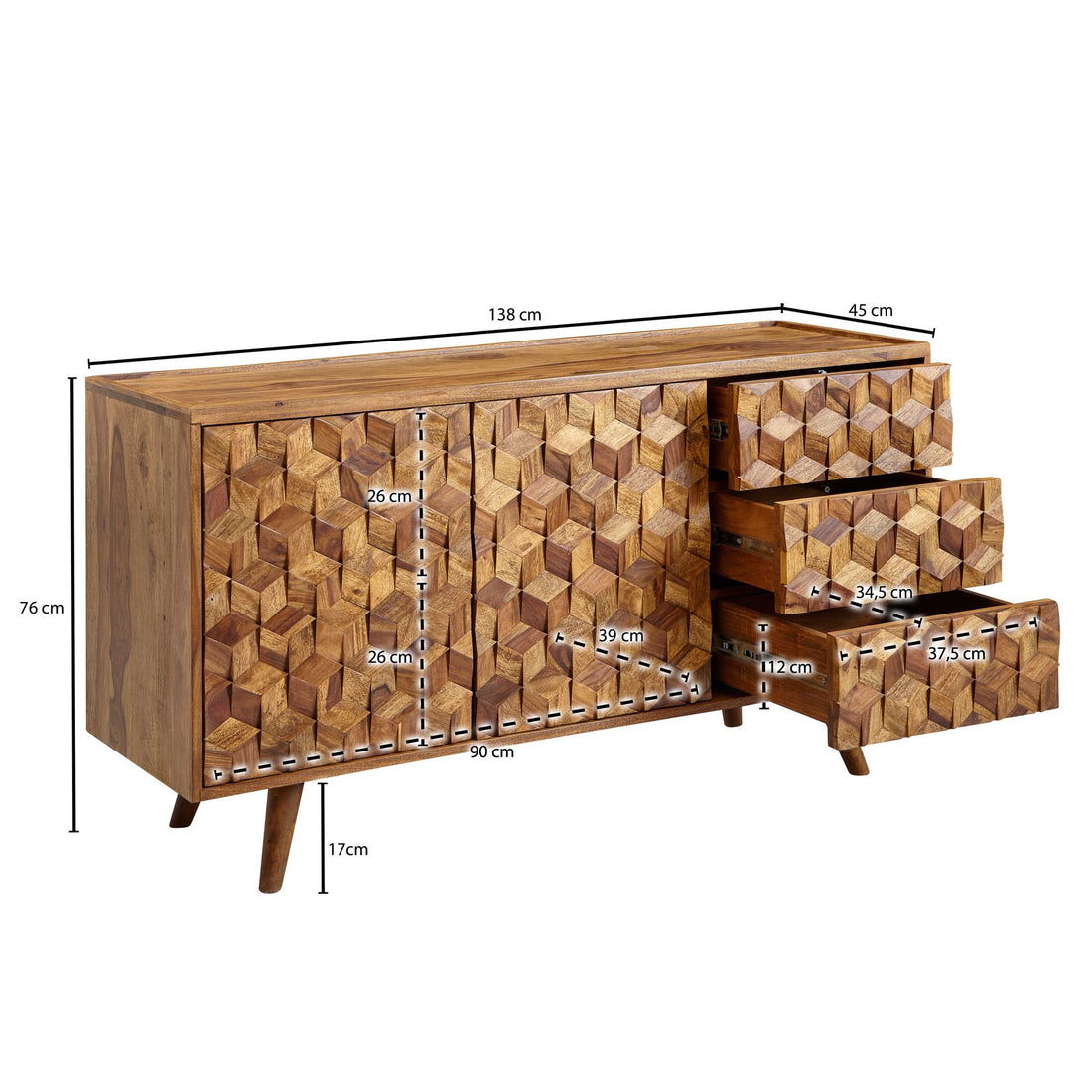 Maßzeichnung Sideboard – Massivholz, 138x76x45 cm, mit Türen und Schubladen