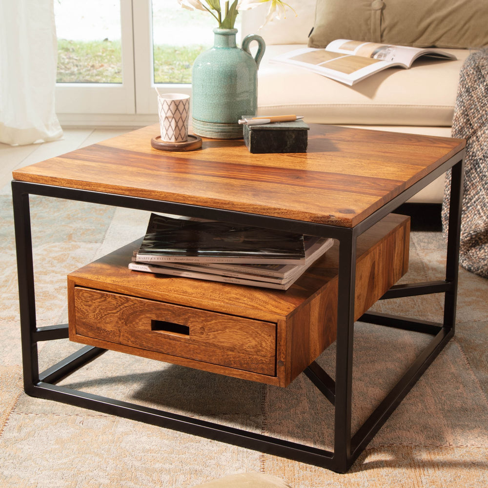 Moderner Sofatisch mit Schublade_ Quadratisches Design_ Couchtisch Sheesham Massivholz/Metall_ 60x60x40 cm - KADIMA DESIGN_Größe_ 60x60x40 cm_