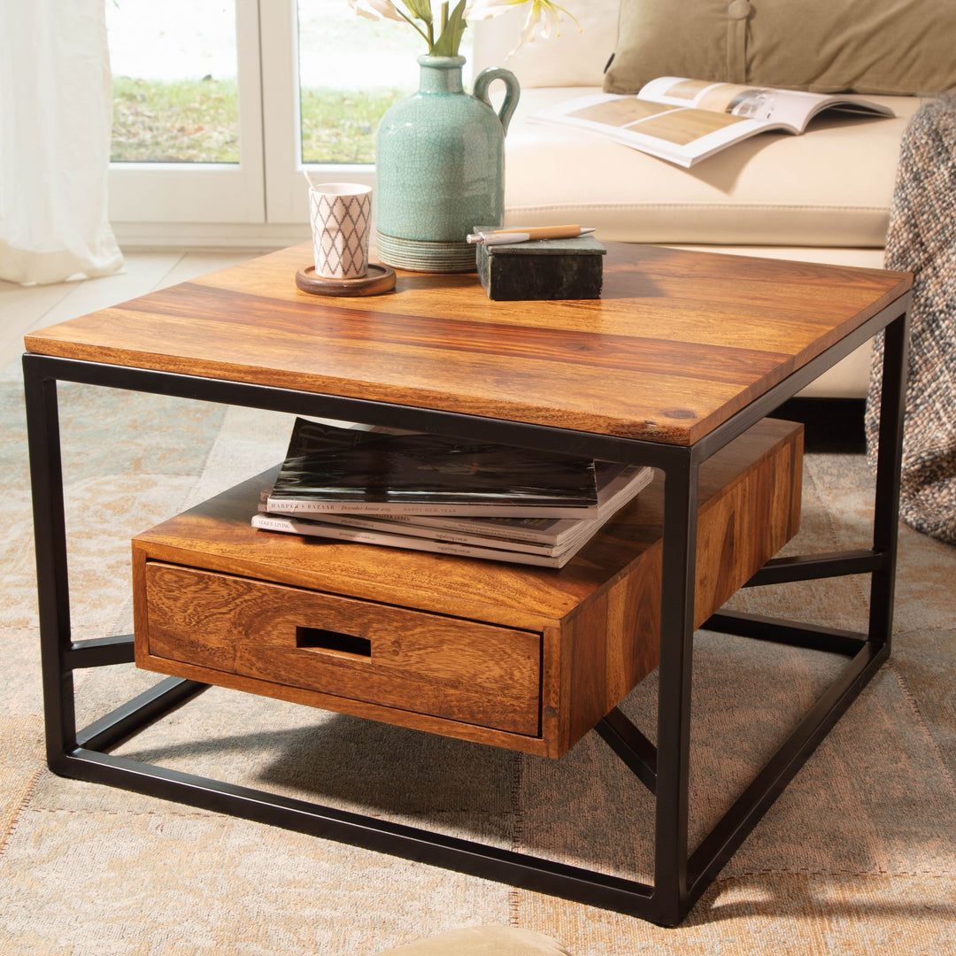 Moderner Sofatisch mit Schublade_ Quadratisches Design_ Couchtisch Sheesham Massivholz/Metall_ 60x60x40 cm - KADIMA DESIGN_Größe_ 60x60x40 cm_