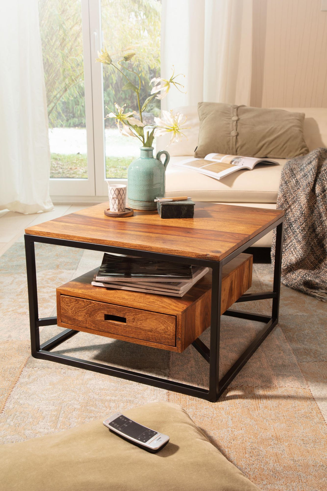 Moderner Sofatisch mit Schublade_ Quadratisches Design_ Couchtisch Sheesham Massivholz/Metall_ 60x60x40 cm - KADIMA DESIGN_Größe_ 60x60x40 cm_