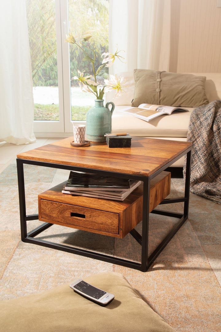 Moderner Sofatisch mit Schublade_ Quadratisches Design_ Couchtisch Sheesham Massivholz/Metall_ 60x60x40 cm - KADIMA DESIGN_Größe_ 60x60x40 cm_