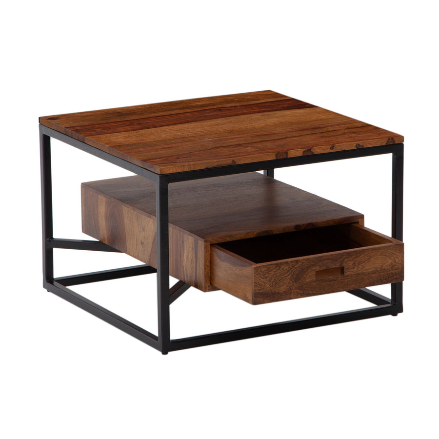 Moderner Sofatisch mit Schublade_ Quadratisches Design_ Couchtisch Sheesham Massivholz/Metall_ 60x60x40 cm - KADIMA DESIGN_Größe_ 60x60x40 cm_