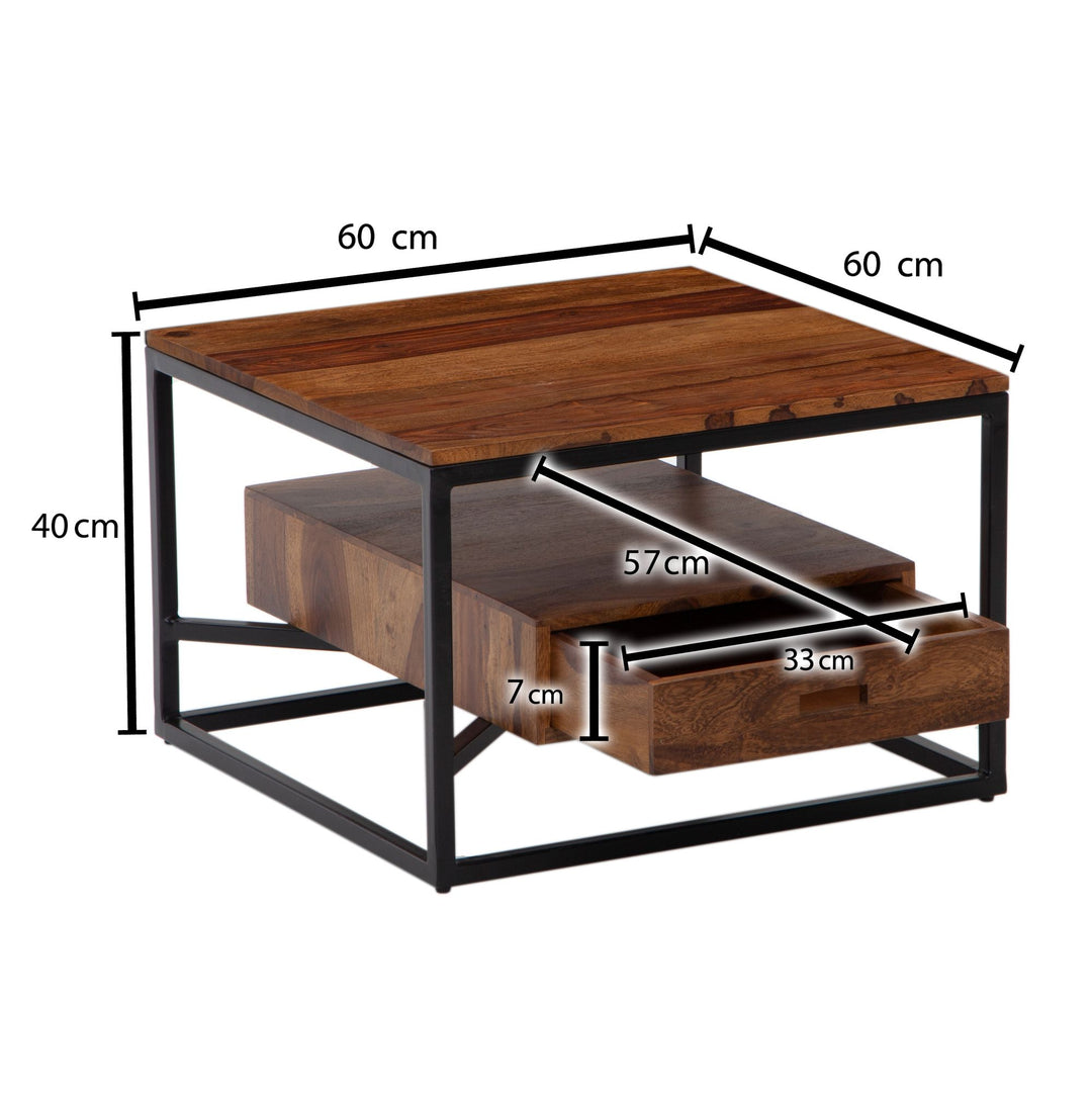 Moderner Sofatisch mit Schublade_ Quadratisches Design_ Couchtisch Sheesham Massivholz/Metall_ 60x60x40 cm - KADIMA DESIGN_Größe_ 60x60x40 cm_