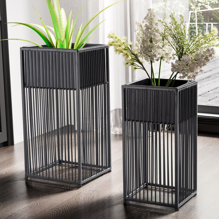 Blumentopf 2er Set Metall Pflanzkübel Schwarz mit Gestell_ Quadratisch - KADIMA DESIGN_Größe_ 25x25x50 cm_