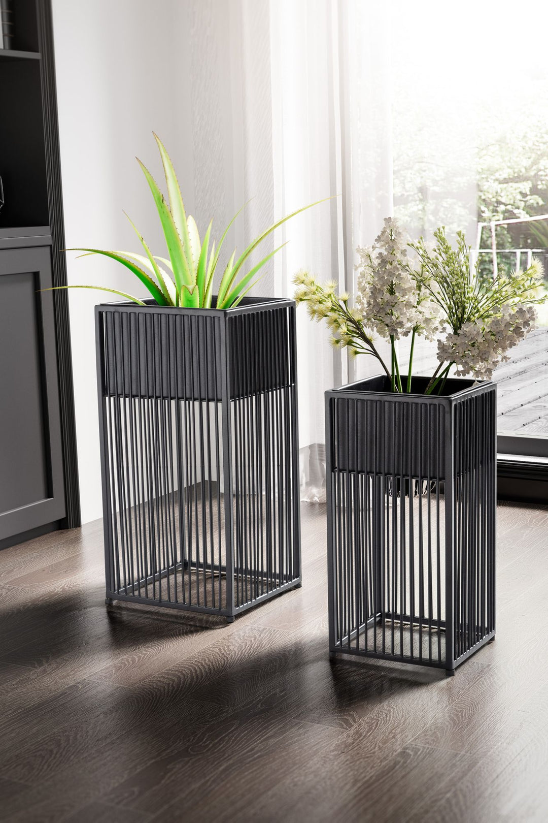 Blumentopf 2er Set Metall Pflanzkübel Schwarz mit Gestell_ Quadratisch - KADIMA DESIGN_Größe_ 25x25x50 cm_