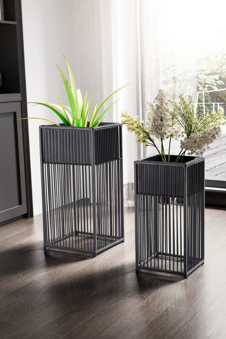 Blumentopf 2er Set Metall Pflanzkübel Schwarz mit Gestell_ Quadratisch - KADIMA DESIGN_Größe_ 25x25x50 cm_