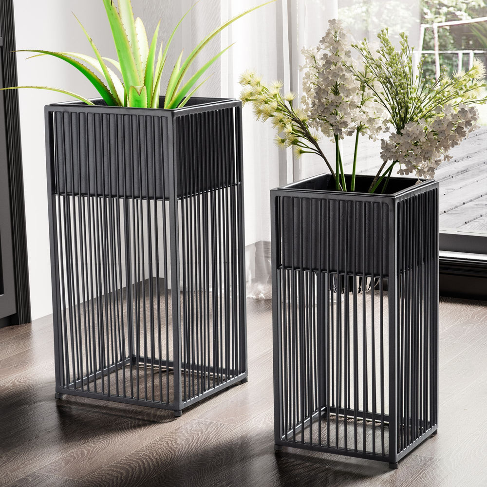Blumentopf 2er Set Metall Pflanzkübel Schwarz mit Gestell_ Quadratisch - KADIMA DESIGN_Größe_ 25x25x50 cm_