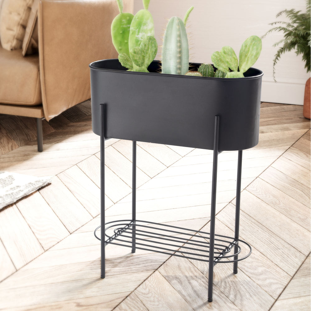 Pflanzkübel Schwarz mit Gestell und Ablage_ Pflanzgefäß Metall_ 51x65x22 cm - KADIMA DESIGN_Größe_ 50x21x65 cm_